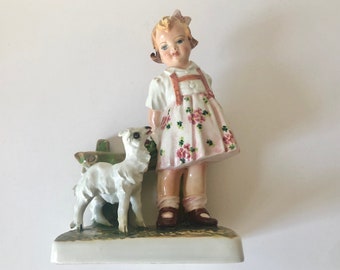 Vintage signed C. Mollica Capodimonte figurine girl with baby goat, Italian, porcelain figurine, blonde girl, rare piece, shelf decor, Italy