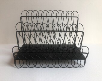 Vintage black scalloped wire mail holder, French style desk organizer, work from home, black wire, home office, mail organizer, cool office