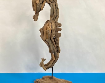 Handmade Driftwood Seahorse Sculpture, Coastal Folk Art Decor, 20 inches