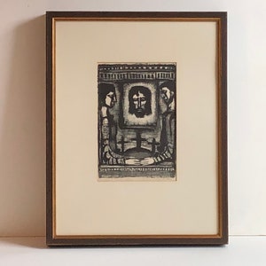 Rare 1930s Georges Rouault framed woodblock print of Christ and robbers at Golgotha, Crucifixion, Carnets de Gilbert, religious art, 17 X 21
