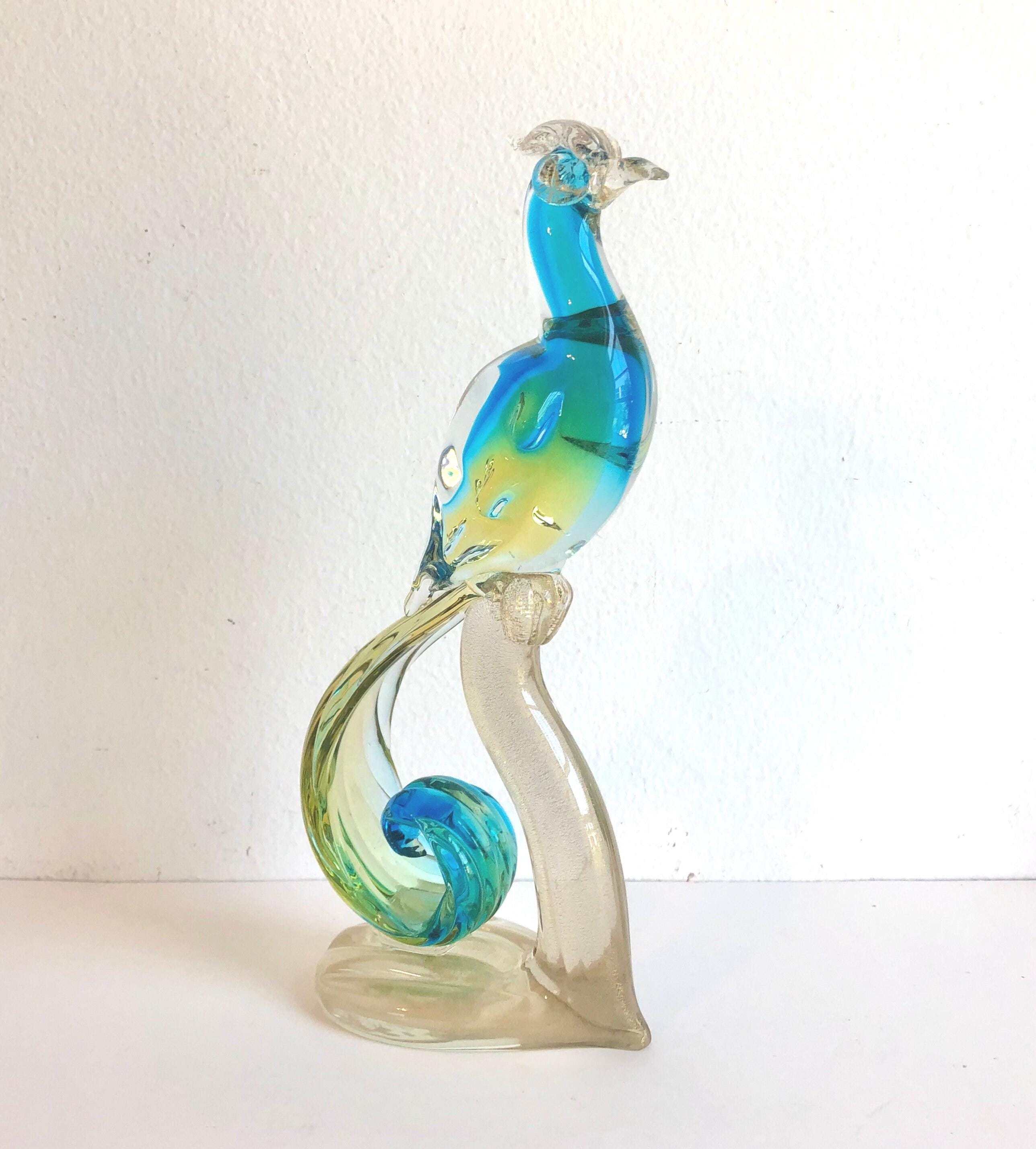 Vintage Alfredo Barbini Murano glass peacock, exotic bird, Venetian glass, green, blue, traditional decor, shelf art, Italian art glass