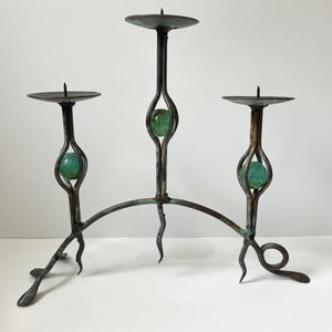 Hand Forged Candelabra: Vintage Metal Candleholder with Green Glass
