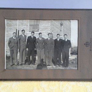 1930&#39;s photo of 7 Chicago men (and photographer in silhouette) in paper frame, Chicago history, vintage photo, Chicago memorabilia, man cave