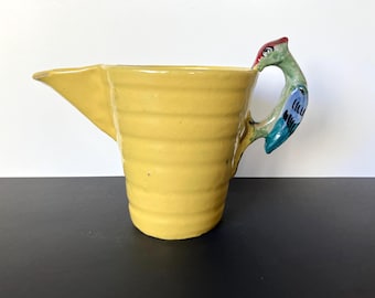 Vintage Yellow Stoneware Pitcher with Bird Handle, Ringware, Woodpecker