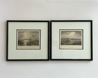 Pair antique framed hand colored engravings by E. Finden, W. Radcliffe, Red Sea, Ninevah, 1835, JMW Turner drawings, 11" X 10", Holy Land