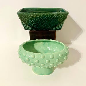 Set of 2 Vintage Green Dotted Indoor Planters: Oval and Rectangular; USA Made