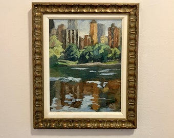 Vintage original framed Impressionist style landscape painting of Central Park, New York, 15" X 18", gold molded frame, signed,