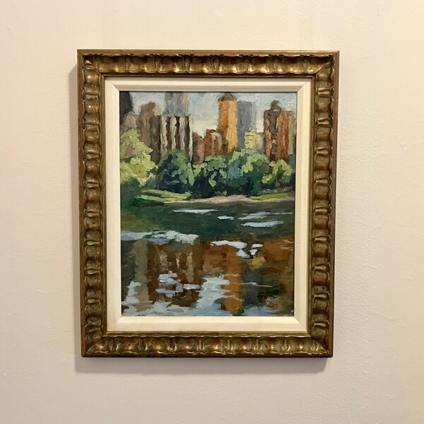 Vintage original framed Impressionist style landscape painting of Central Park, New York, 15" X 18", gold molded frame, signed,