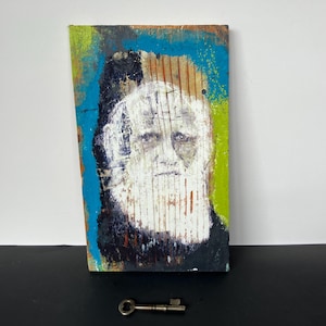 Peinture originale de portrait d&#39;art populaire sur bois : homme barbu expressif