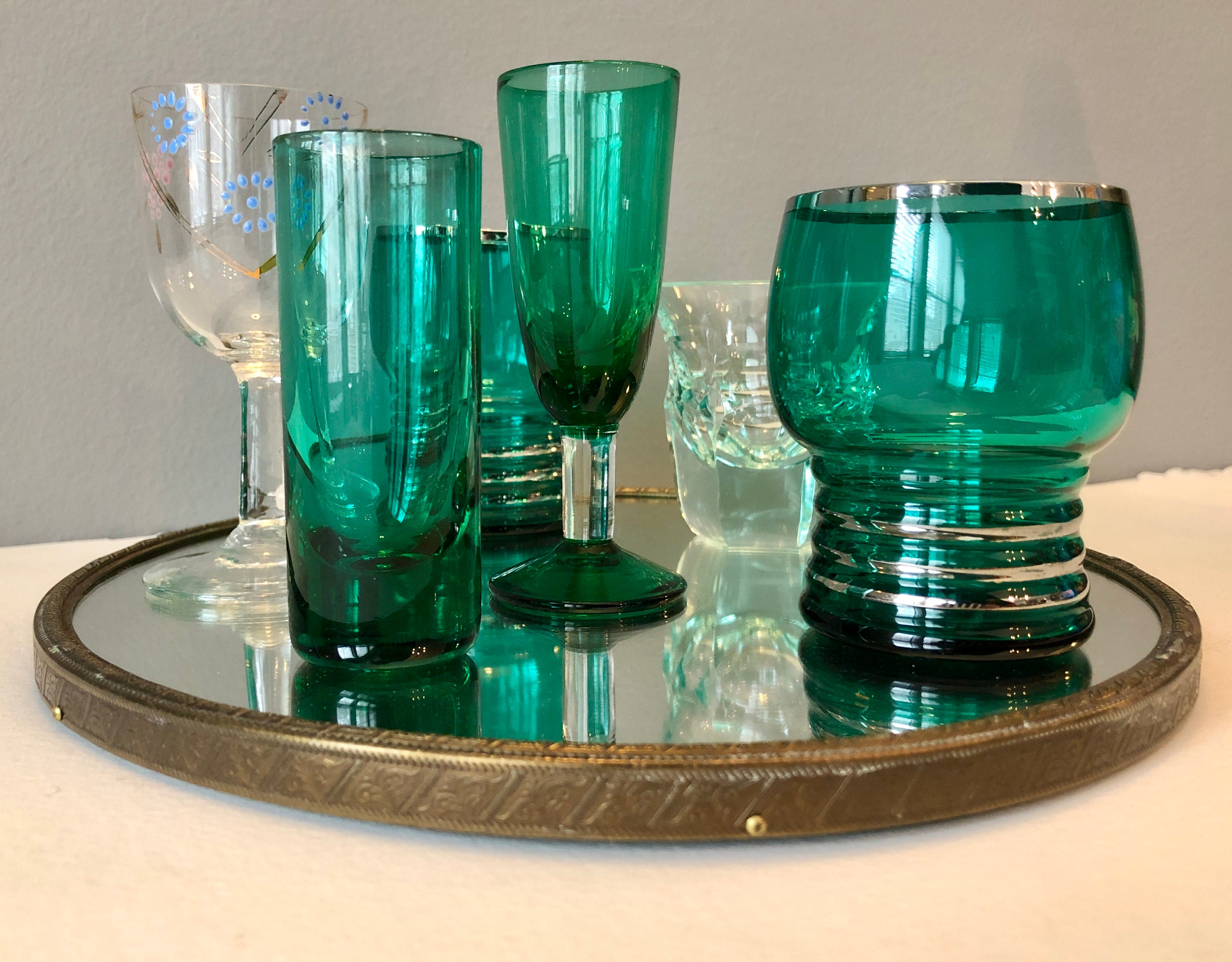 6 vintage small green glasses shot glasses liqueur glasses Etsy