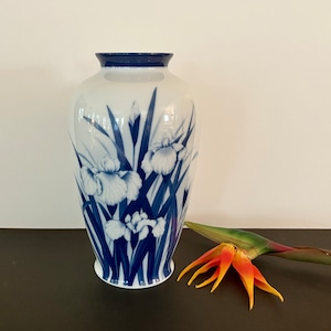 Vintage Fukagawa Style Porcelain Vase: Iris Motif, Blue and White Decor, 11” Tall