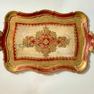 Vintage Extra Large Ornate Florentine Wood Tray with Handles, Ruby Red and Gold