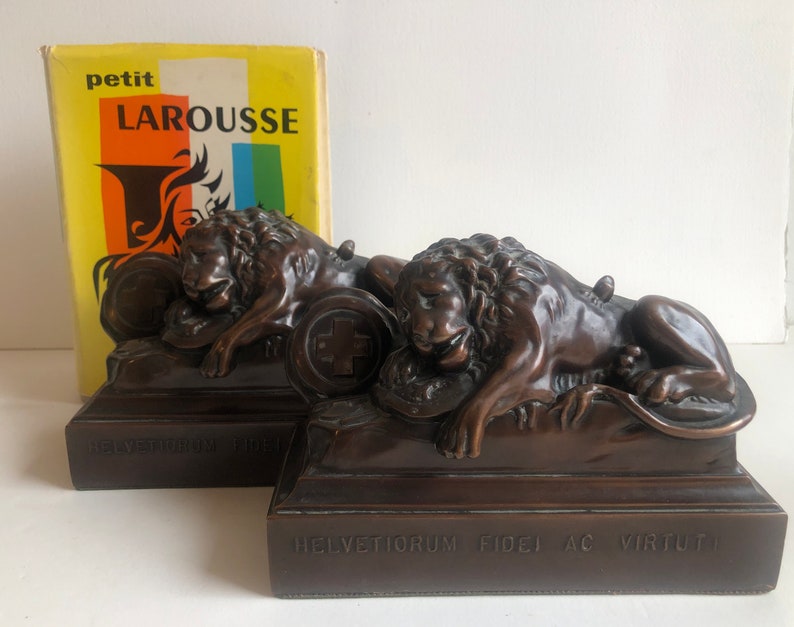 Vintage pair Lion of Lucerne bookends, Jennings Bros., bronze finish, library decor, French history, Switzerland, shelf decor, office decor