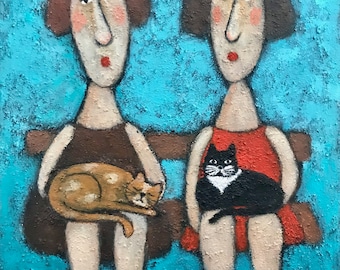 Original Painting 'Ladies and cats' / Acrylic Painting on Canvas