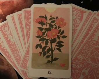 Può includere: Una carta dei tarocchi rosa con un'illustrazione floreale di un roseto con cinque rose rosa e foglie verdi. Il numero della carta IV è stampato al centro inferiore della carta.