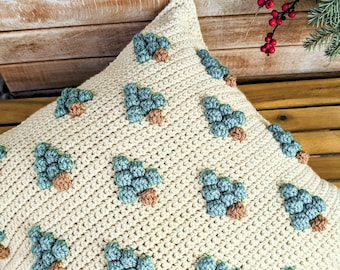 Crochet Christmas Pillow Pattern, Easy Bobble Trees Farmhouse Cushion (English US PDF Pattern)