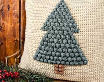Crochet Pillow Pattern, Christmas Tree Cushion, Bobble Stitch Throw Pillow Cover (English US PDF)