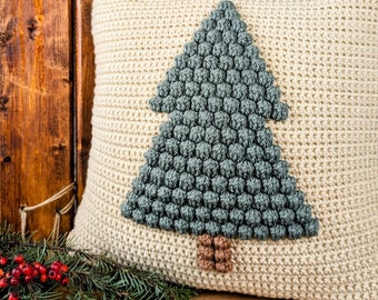 Crochet Pattern Bobble Pine Tree Pillow | Christmas Crochet Pattern Cushion Cover | Easy DIY Farmhouse Style Throw Pillowcase