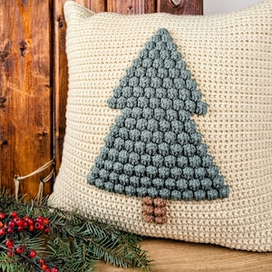 Patrón de crochet para almohada de pino con forma de pompón / Patrón de crochet para funda de cojín navideña / Funda de almohada estilo granja fácil de hacer