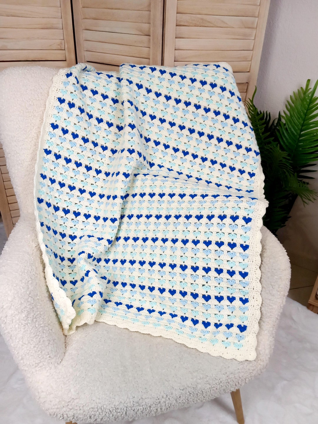 Handmade Baby Blue Hearts Blanket. Unique Hearts Afghan for Boys and