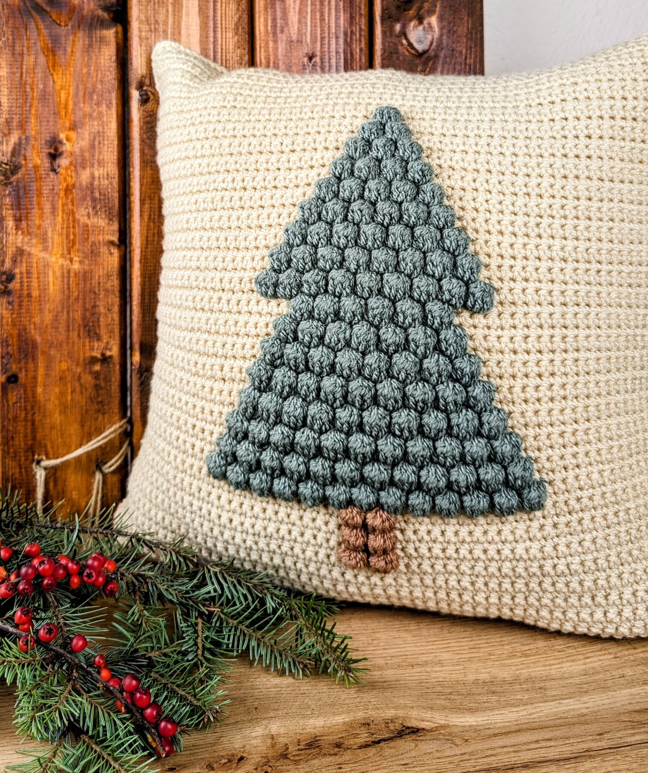 Häkelkissenmuster, Weihnachtsbaum-Kissen, Kissenbezug mit Noppenmuster (Englische US-PDF)
