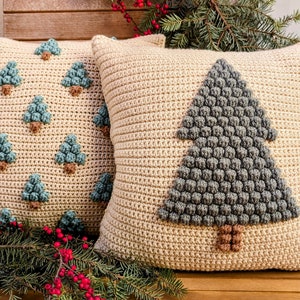 Crochet Pattern Christmas Pillow Cover | Easy Bobble Trees Pillowcase | Crochet Pillow Bundle Set | Farmhouse Style Modern Home Decoration