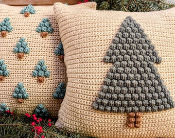 Crochet Pattern Christmas Pillow Cover | Easy Bobble Trees Pillowcase | Crochet Pillow Bundle Set | Farmhouse Style Modern Home Decoration