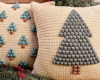 Crochet Christmas Pillow Pattern Bundle, Bobble Stitch Tree Cushions (English US PDF Pattern)