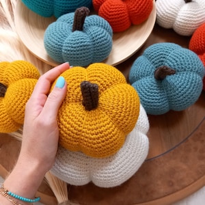 Può includere: Una collezione di zucche all'uncinetto in vari colori, tra cui turchese, arancione, bianco e giallo. Le zucche sono disposte su una superficie di legno con una mano che tiene una zucca gialla.