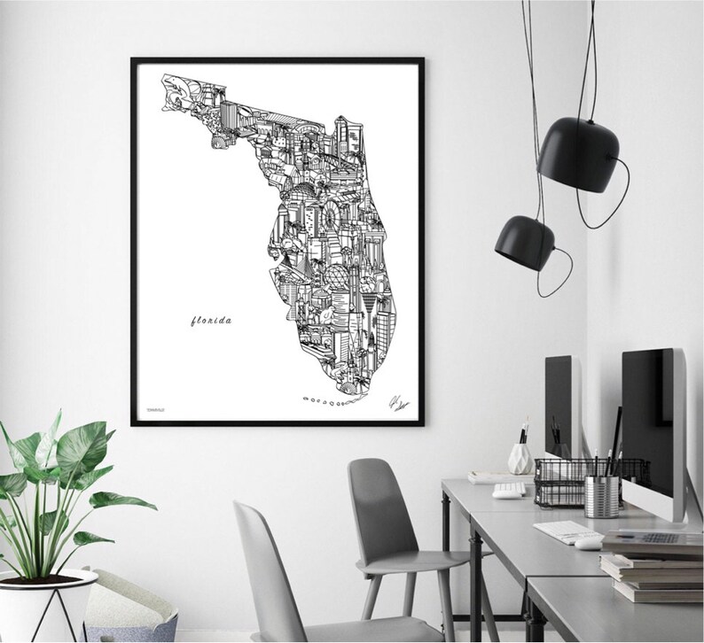 Florida Wall Art Florida Map Print Wall Decor Framed Etsy