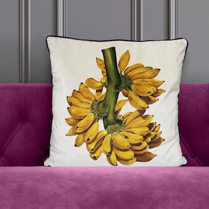 Banana print vintage style velvet cushion pillow with contrast piping, summer decor