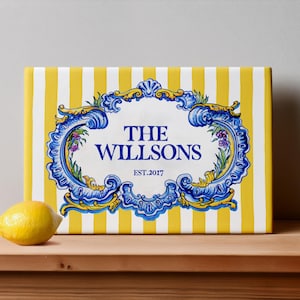 Personalized Portuguese Tile: Blue & Yellow Family Name Sign