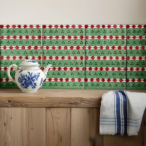 Large green and red cottage style ceramic splashback tile / wall panel