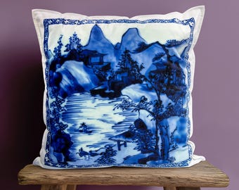 Chinoiserie Blue and White Landscape Cushion, Oriental Throw Pillow Cover