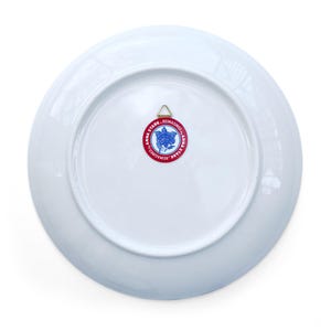 May include: White ceramic plate with a circular red and blue logo that reads "ANNA STARK REIMAGINED". The plate has a gold metal hanger attached to the back for display.