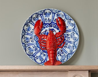 Lobster print maximalist wall plate, quirky home decor