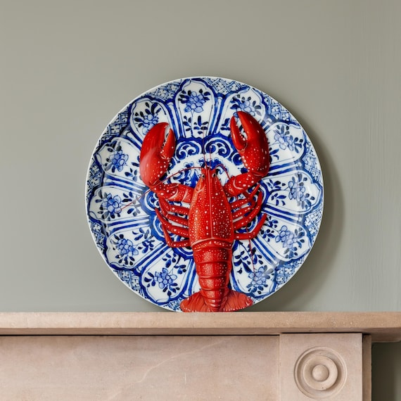 Lobster print maximalist wall plate, quirky home decor