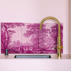 Pink antique landscape wall art, set of three, printed on ceramic tiles