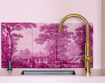 Pink antique landscape wall art, set of three, printed on ceramic tiles