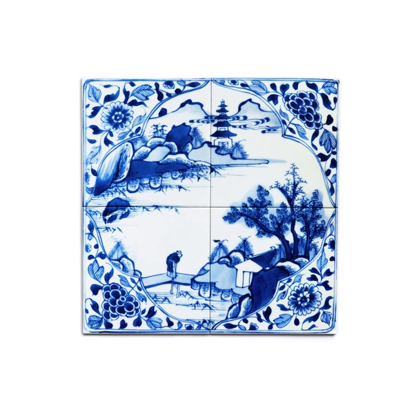 Blue and white Chinoiserie ceramic tile mural