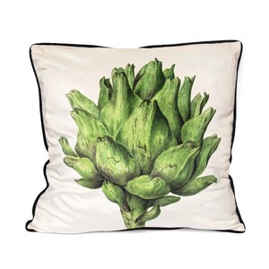 Colourful artichoke print velvet cushion cover with contrast piping