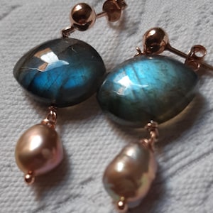 18k Rose Gold Plated Silver Earrings, Labradorite, Natural Baroque Pearl