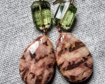 Drop Earrings, 18k Rose Gold Plated Silver, Rhodochrysite, Peridot