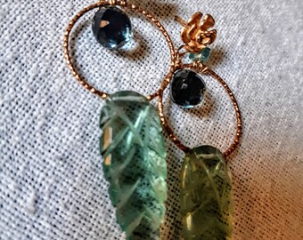 Pendant Earrings, in Pink Silver, Carved Green Amethyst and Aquamarine Moss