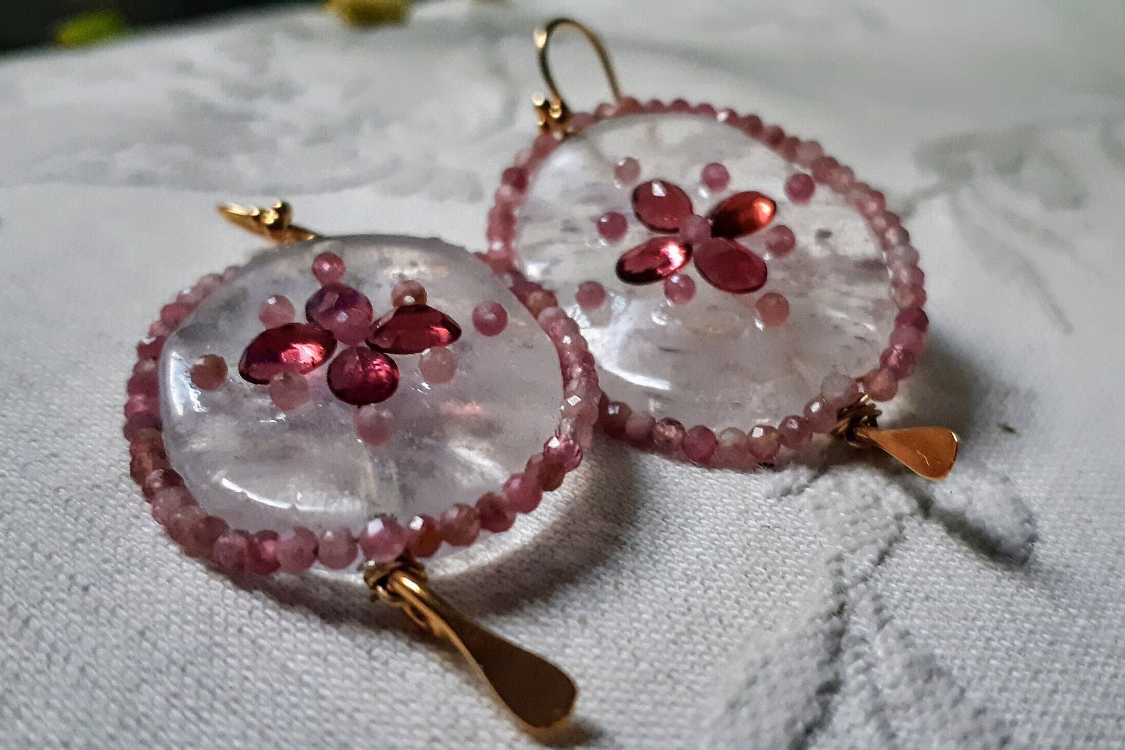 18k Vermeil Gold Earrings, Rose Quartz, Rubellite, Pink Tourmaline