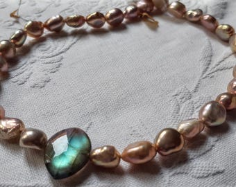 Choker Necklace Natural Baroque Pearls, Labradorite, 18k Rose Gold Plated Silver