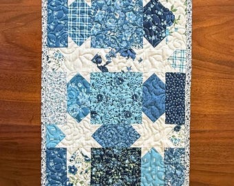 Delft Blue Quilted Table Runner | Blue Floral Farmhouse Decor (39”X12.5”)