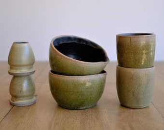 Matcha Ceremonial Tea Set, Chawan Bowl, Whisk Holder, Pottery Cup