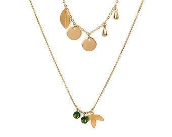 Necklace with golden and green Vintage charms - Double chain strand
