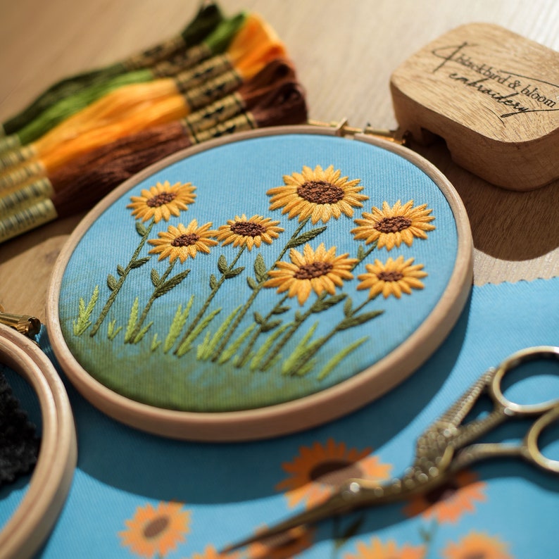 Sunflower Embroidery Kit, Sunflower Field, DIY Embroidery Kit, Floral Embroidery, Beginners Embroidery Kit, Embroidery Pattern image 2